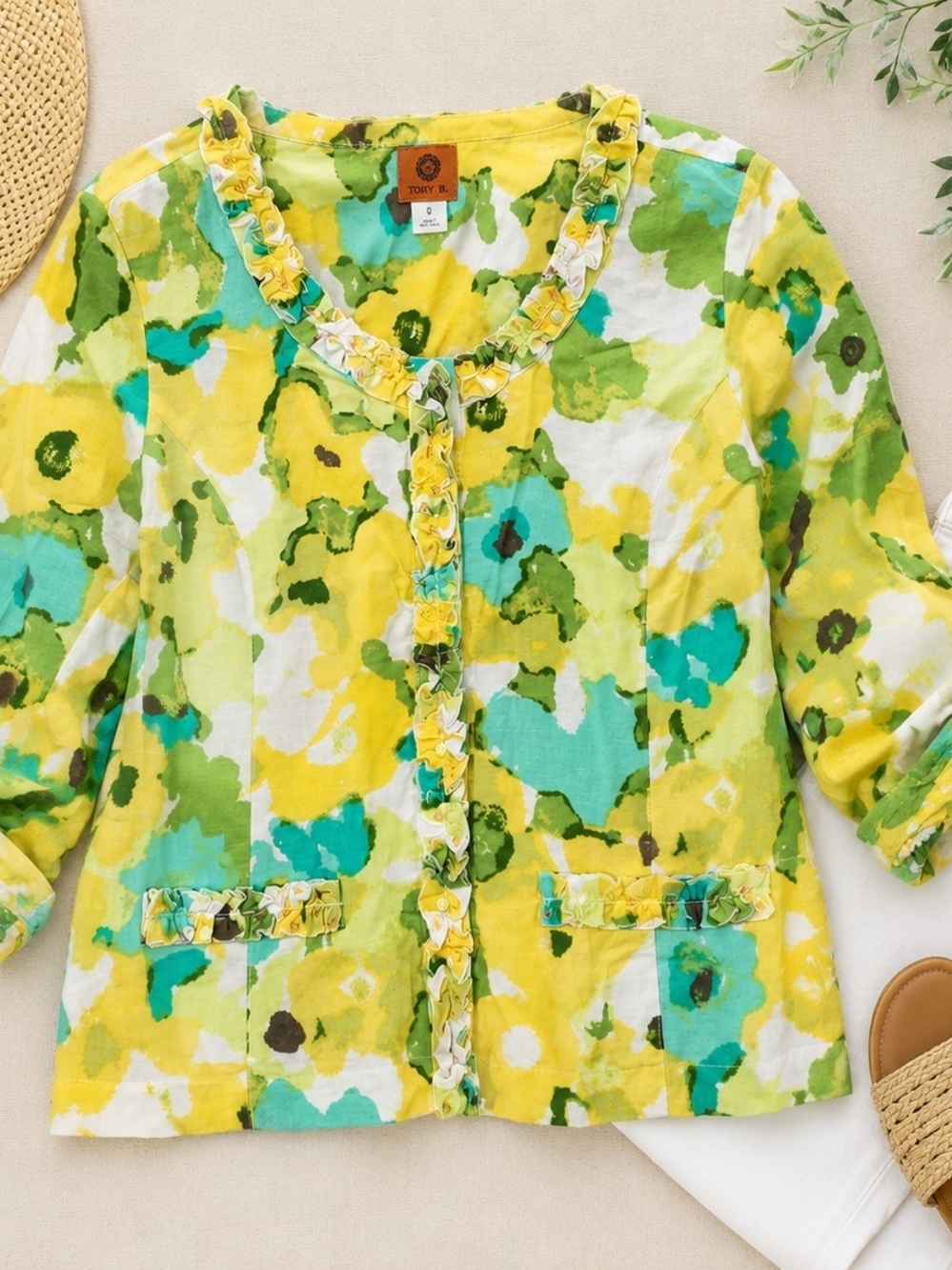 Ruby Rd. Yellow Green Floral Button-Front Blouse - Picture 2 of 7